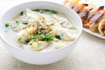 Wonton soup with spring onion served in a white bowl, selective focus