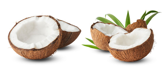 Set with Fresh raw coconut with palm leaves isolated on white background.