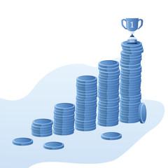Staircase made from stacks of coins,winner cup on top,success or profit concept,