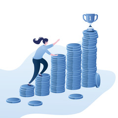 Businesswoman rises in stacks of coins, growing business and profit concept,winner cup on top,
