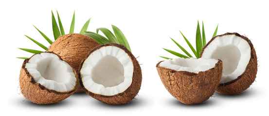 Set with Fresh raw coconut with palm leaves isolated on white background. - obrazy, fototapety, plakaty
