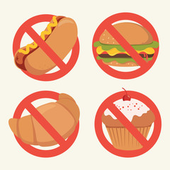 No Fastfood Sign cartoon vector, No HotDog, Burger, cupcake, croissant sign