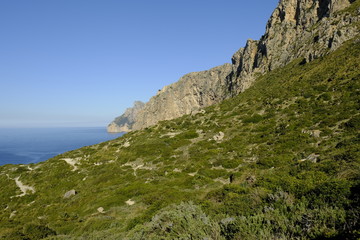 Landschaft und Steilküste im Vall de Bóquer  auf der Halbinse Formentorl, Mallorca, Balearen, Spanien