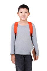 Fototapeta premium Asian Boy School kid holding book with backpack Full Body isolated on White background.