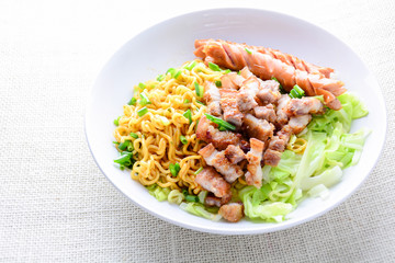 Udon noodles with grilled pork, sausage and cabbage - Japanese cuisine