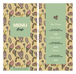 Menu design for cafe, coffee shop, bistro, restaurant. Hand-drawn vector illustration in pastel colors, retro style.