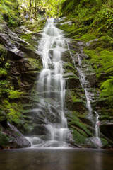 Impressive, scenic mountain waterfall cascading down the rocky cliff covered by colorful, vivid green moss and patches of sun hitting the rocks
