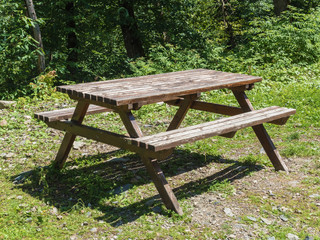 An old table and benches stands on the green grass in forest