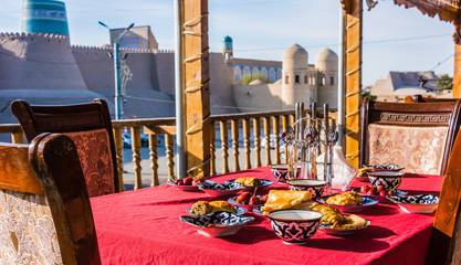 Traditional Uzbek breakfast served on the terrace