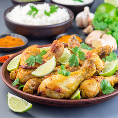 Indian chicken tandoori, marinated in greek yogurt  and spices, served with lime wedges and cilantro,  square