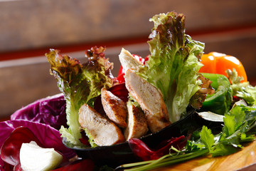 Traditional chicken salad with romaine lettuce.