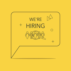 We're hiring. Flat illustration. On yellow background.