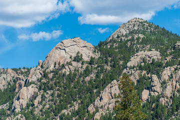Fototapeta na wymiar Rocky Mountain National Park low angle landscape of tree-covered mountain top at Lumpy Ridge