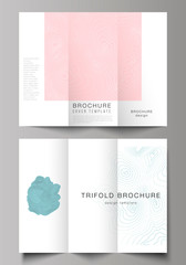 The minimal vector illustration of editable layouts. Modern creative covers design templates for trifold brochure or flyer. Topographic contour map, abstract monochrome background.