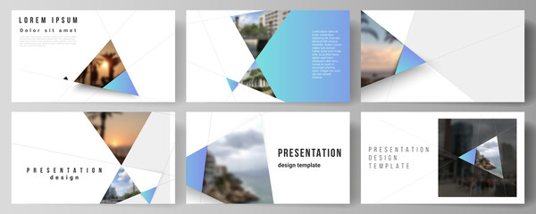 The minimalistic abstract vector layout of the presentation slides design business templates. Creative modern background with blue triangles and triangular shapes. Simple design decoration.