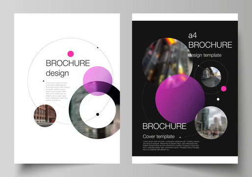 Vector layout of A4 format modern cover mockups design templates for brochure, flyer, booklet, report. Simple design futuristic concept. Creative background with circles that form planets and stars.