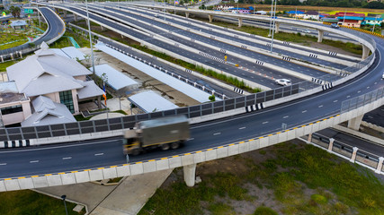 aerial view traffic car transportation freeway motorway and ring road at evening