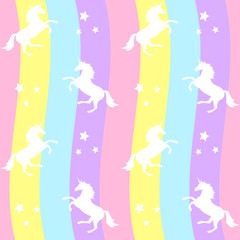 Fototapeta na wymiar Vector seamless pattern of white unicorn silhouette and stars isolated on pastel rainbow background