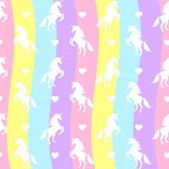 Fototapeta na wymiar Vector seamless pattern of white unicorn silhouette isolated on pastel rainbow background