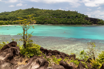 Fototapeta na wymiar Panoramic view at the landscape on Seychelles island Mahé with turguoise water, mountains and granite rocks