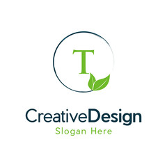Initial T Green Letter and Leaf for Modern Beauty Nature Cosmetic, Vegan, Environmental, Creative Letter T Leaf Logo Design, Letter T Botanical Logo, Leaf Attached with Alphabet T