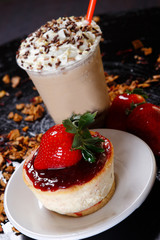 Cheese pie with strawberries and walnut.