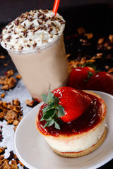 Cheese pie with strawberries and walnut.