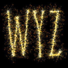 Bengal lights golden glittering sparks leters set. Vector shining golden figures of sparkles and stars on black background.