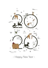 Banner in breeds of dogs 2020, Happy New Year, calendar, Memphis style, Isolated on white background, Banner can be used for advertising, greetings, sale, Vector illustration