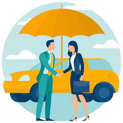 Flat design vector concept for car insurance, auto protection with umbrella. Illustration template of automobile safety icon for poster, banner, web graphics, landing page, nfographics and mobile app.