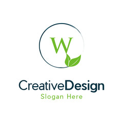 Initial W Green Letter and Leaf for Modern Beauty Nature Cosmetic, Vegan, Environmental, Creative Letter W Leaf Logo Design, Letter W Botanical Logo, Leaf Attached with Alphabet W