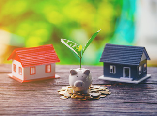 house model on coins saving for concept investment mortgage fund finance and interest rate home loan