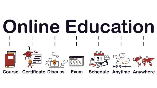 Online education icon, banner web. course certificate certification discuss exam schedule anytime and anywher. minimal vector icon