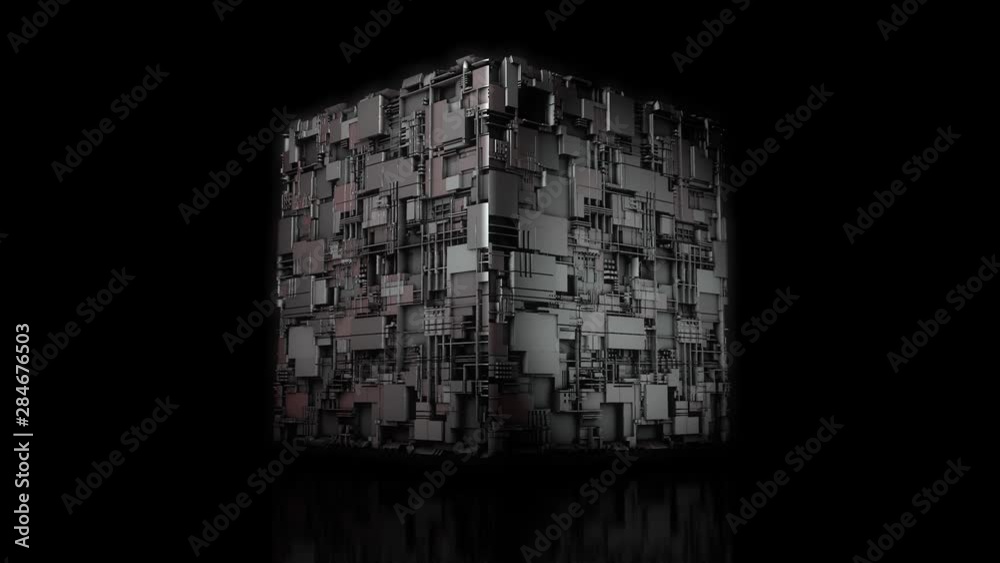 Poster 3d animation of rotation of futuristic 3d cube with many elements on the surface. animation on a bla