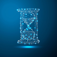 Hourglass icon from lines and triangles, point connecting network in low poly style consisting of points, lines, and shapes in the form of planets, stars and the universe