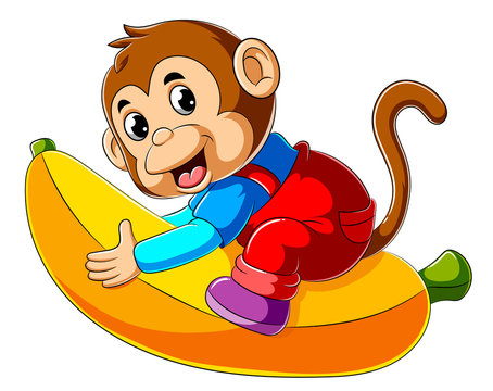 Cartoon monkey riding big banana