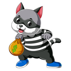 Fototapeta na wymiar Cartoon cat thief dressed in dark mask holding big bag stolen more moneys and coins