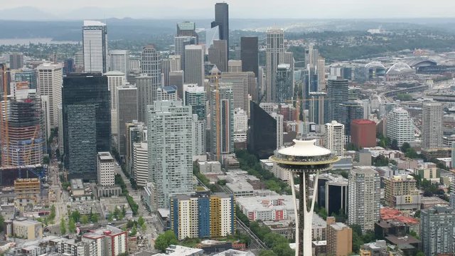 Seattle Aerial Shot Looking South with Space Needle and Mountains