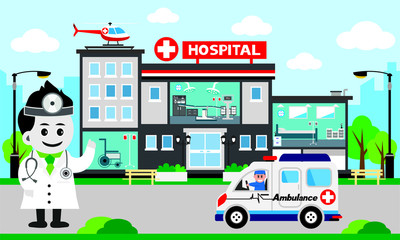   Vector of doctor team standing on a hospital building, Patient care concept, ambulance car background