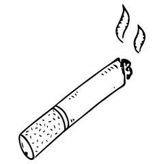 Cigarette butt with filter. Smoking cigarette. Cigarette smoke. Cigarette ashes. Vector illustration. Simple hand drawn icon.