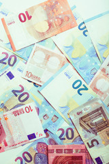 Cash on table isolated: dollars, euro, rubl broken money. All in mess, global crisis concept, dollar rules world