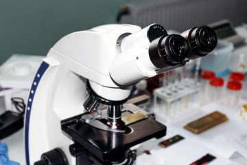 Fototapeta na wymiar Microscope in laboratory, analyzes.