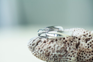 beautiful macro shot of golden wedding ring with some stuff on colored background