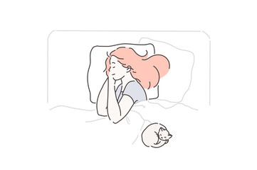 Sleep, fatigue, pleasure, favorite concept. Young, beautiful, calm, peaceful woman enjoys sleep in her comfortable bed. Cute girl resting after a working or school day with your pet. Vector flat