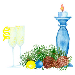 Watercolor hand painted christmas composition with candle and candlestick, green fir branches and brown cones, wine glasses and colorful new year decorations