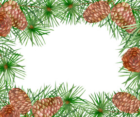 Watercolor hand painted nature squared border frame with green christmas tree fir branches and brown cones for invitations and greeting cards