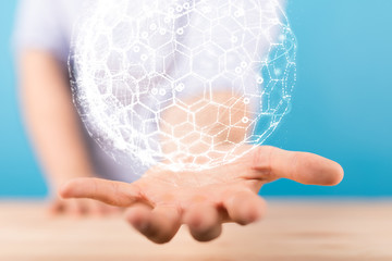 Abstract futuristic - Molecules technology with polygonal shapes on dark blue background.