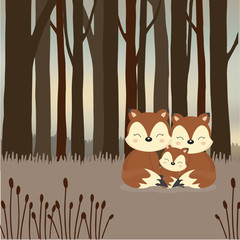 Cute fox family in the forest.