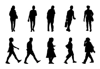 Black people walking collection on white background, Silhouette men and women vector set