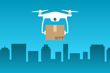 Remote air delivery service with a drone flying above the city.Drone delivery concept.Quadcopter carries a box to a customer.Drone with a package flying in the sky.Vector illustration, flat, clip art.